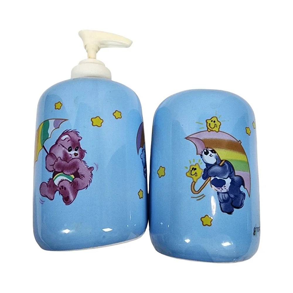Vintage Care Bears Ceramic Soap Dispenser and Toothbrush Holder Set Blue TCFC